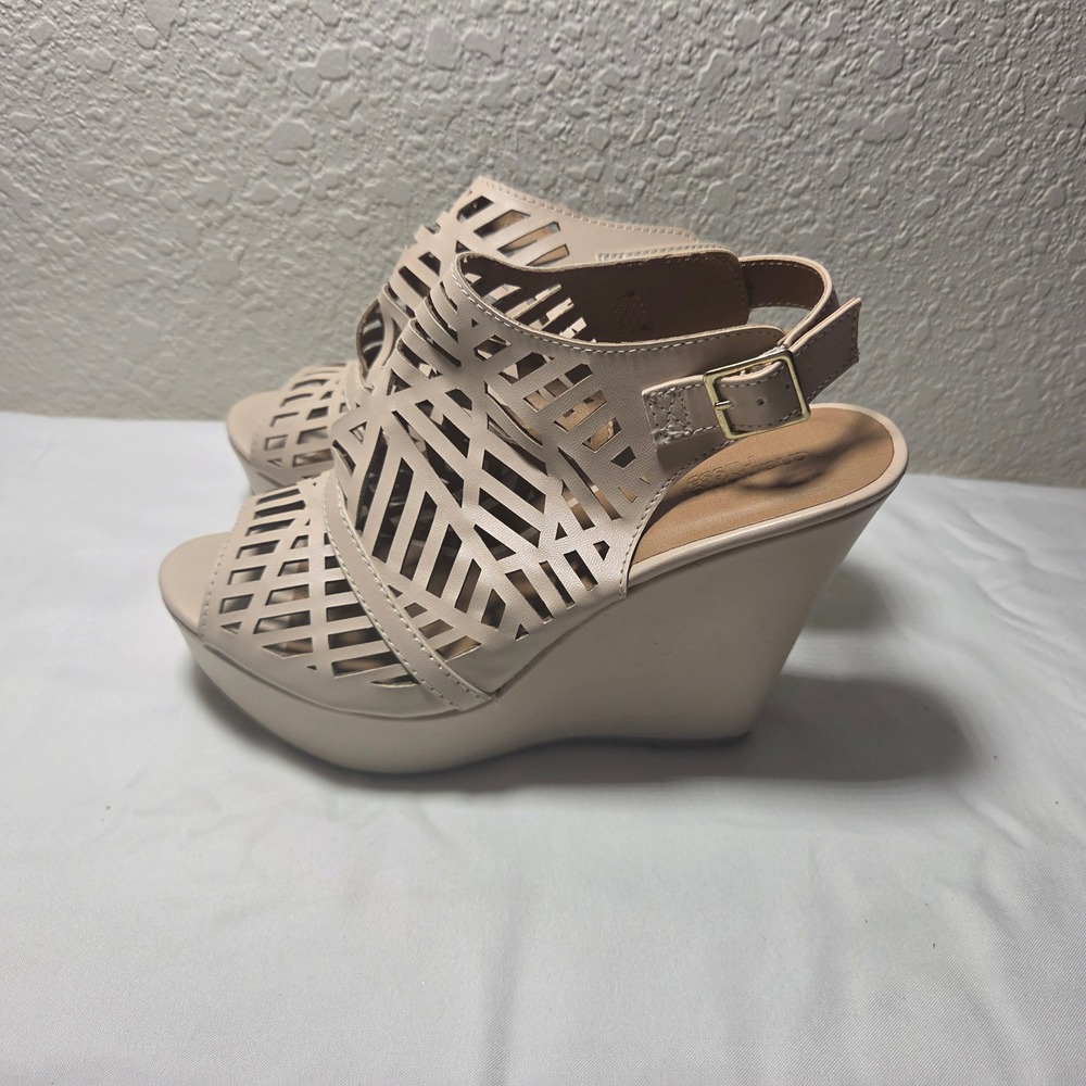 Nine West Womens Beige Laser Cut Lattice Wedge Sandals Platform Ankle Strap